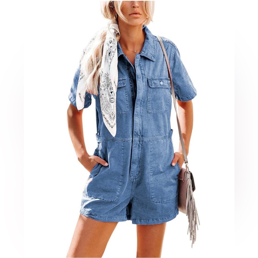 NWT chouyatou Short Sleeve Zip Up Blue Denim Jean Utility Jumpsuit Romper Shorts